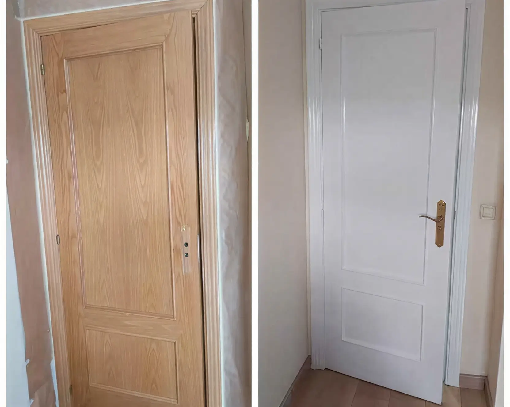 Antes y después de lacar puerta de madera en blanco por Los Pintores Marbella