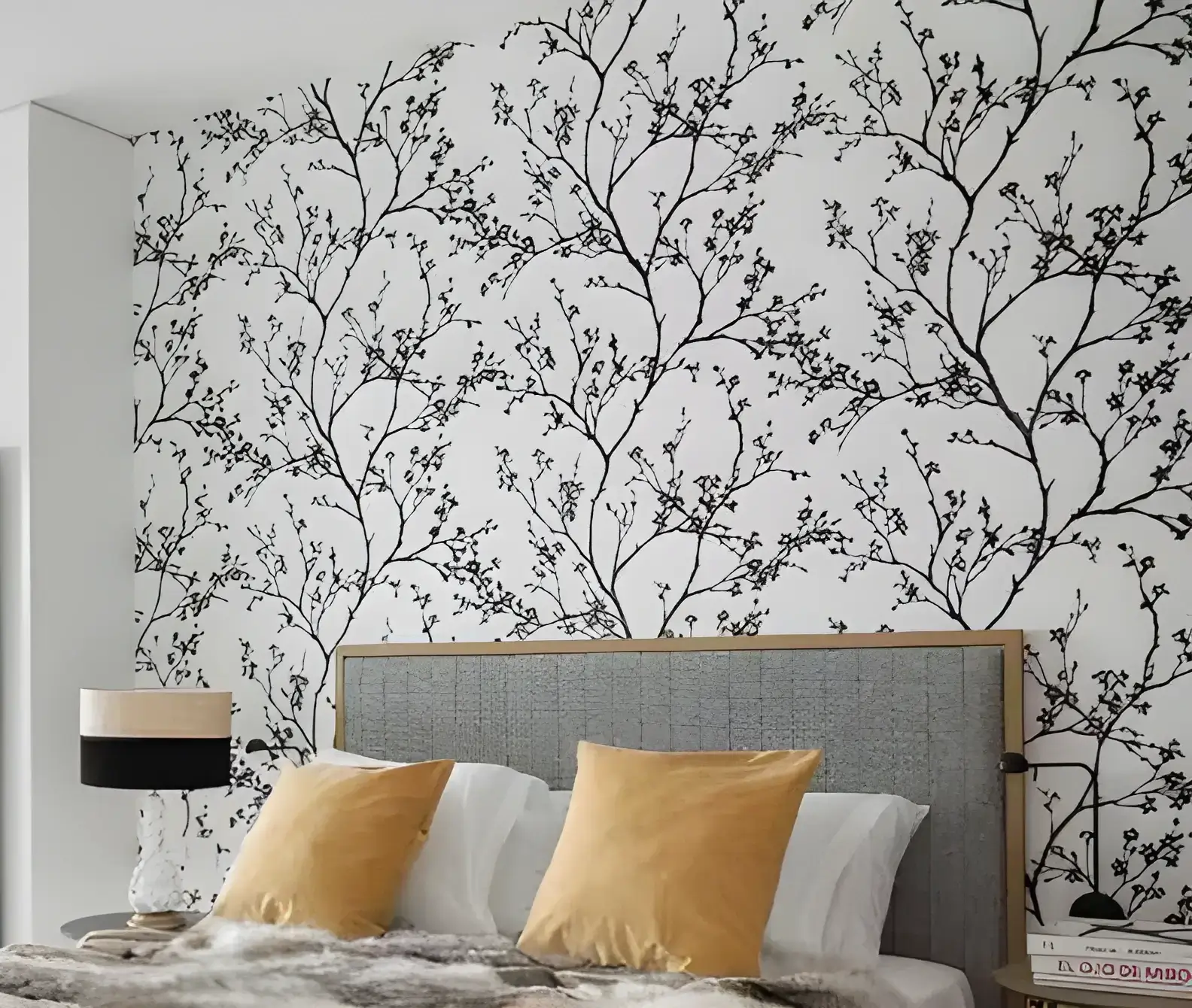 Los Pintores Marbella instalando papel pintado de ramas en cabecero de dormitorio moderno