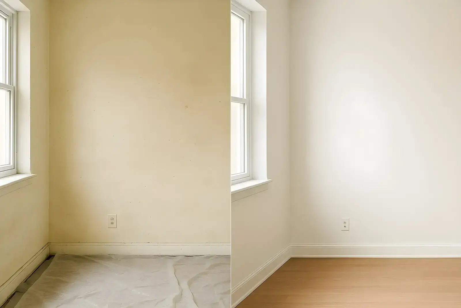 Antes y después de pintura interior en salón, trabajo de Los Pintores Marbella con paredes renovadas