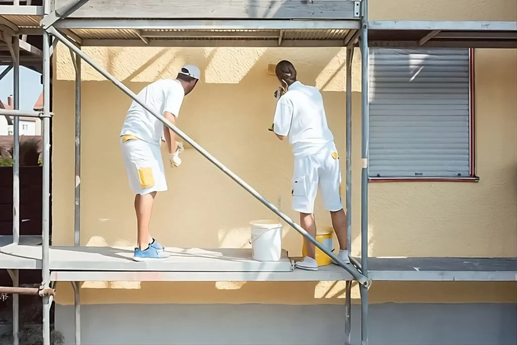Los Pintores Marbella aplicando pintura exterior de alta calidad en fachada de vivienda